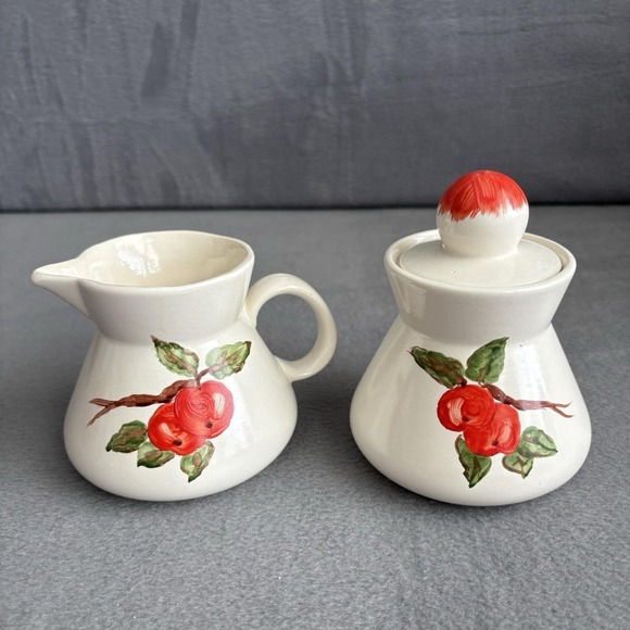 Unmarked Other - Apple Red Cream And Sugar Set Hand painted Vintage Dinnerware MCM Handmade